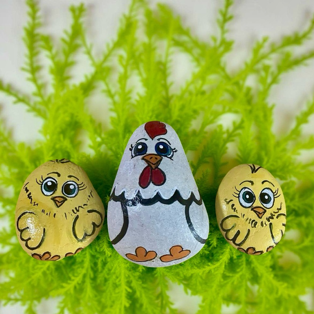 Hand crafted painted hen chicks rocks chicken stones yellow black white red blue